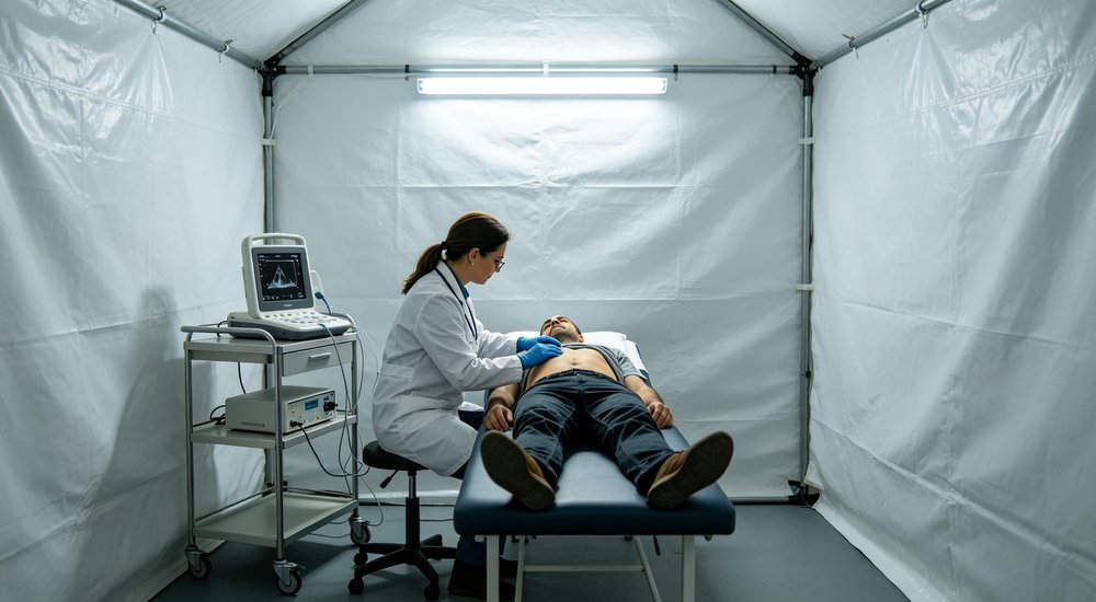 Portable ultrasound machine being used inside inflatable medical tent, medical worker operating red and white inflatable emergency shelter for disaster relief operations