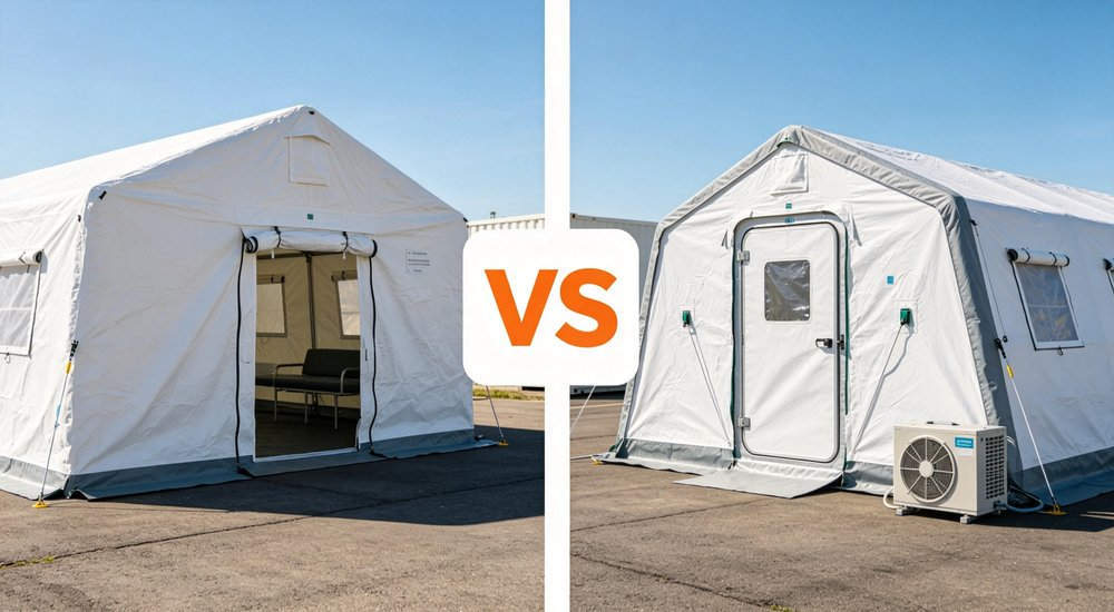 Medical support tent vs isolation tent comparison showing difference, side by side, green grass red and white inflatable emergency shelter for disaster relief operations