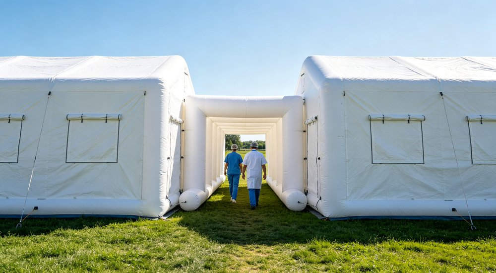 Modular connection between two inflatable medical tents showing corridor interface, green grass red and white inflatable emergency shelter for disaster relief operations