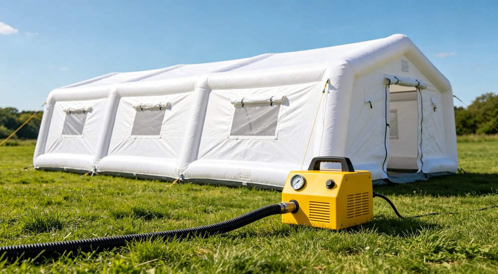 Continuous inflation system for medical tent showing pump and pressure maintenance red and white inflatable emergency shelter for disaster relief operations