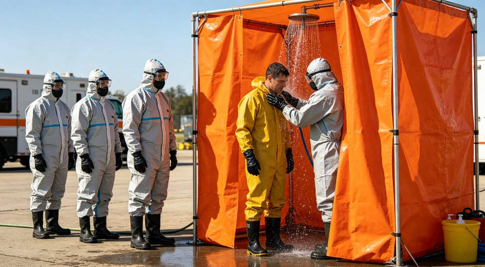 Mass casualty decontamination outside inflatable decon tent, workers in protective gear, green grass red and white inflatable emergency shelter for disaster relief operations