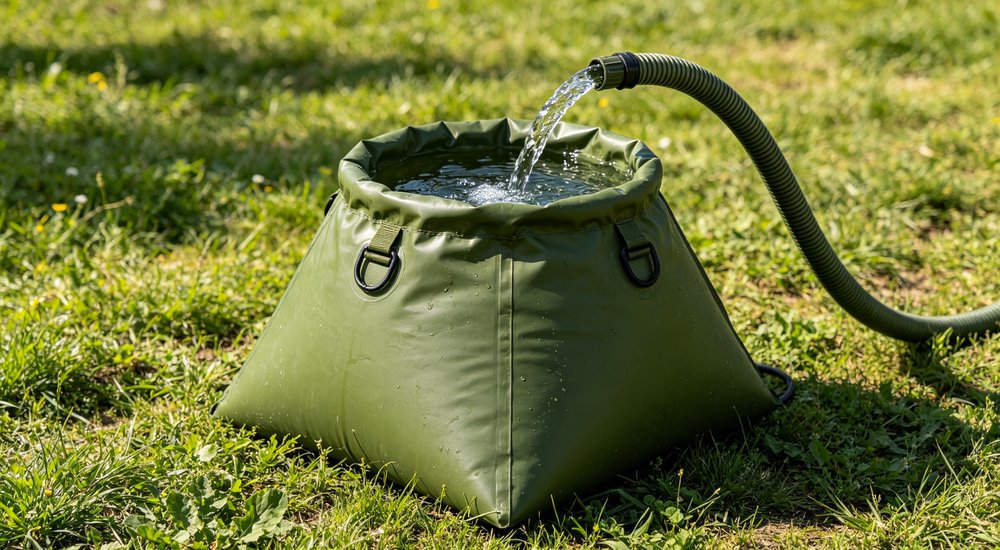 Portable water bladder for inflatable decon tent, flexible water storage bag, product shot red and white inflatable emergency shelter for disaster relief operations