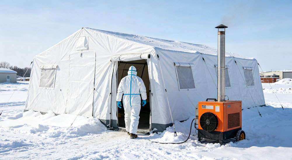 Winter operation of inflatable decontamination tent in snow, workers in protective gear, cold weather red and white inflatable emergency shelter for disaster relief operations