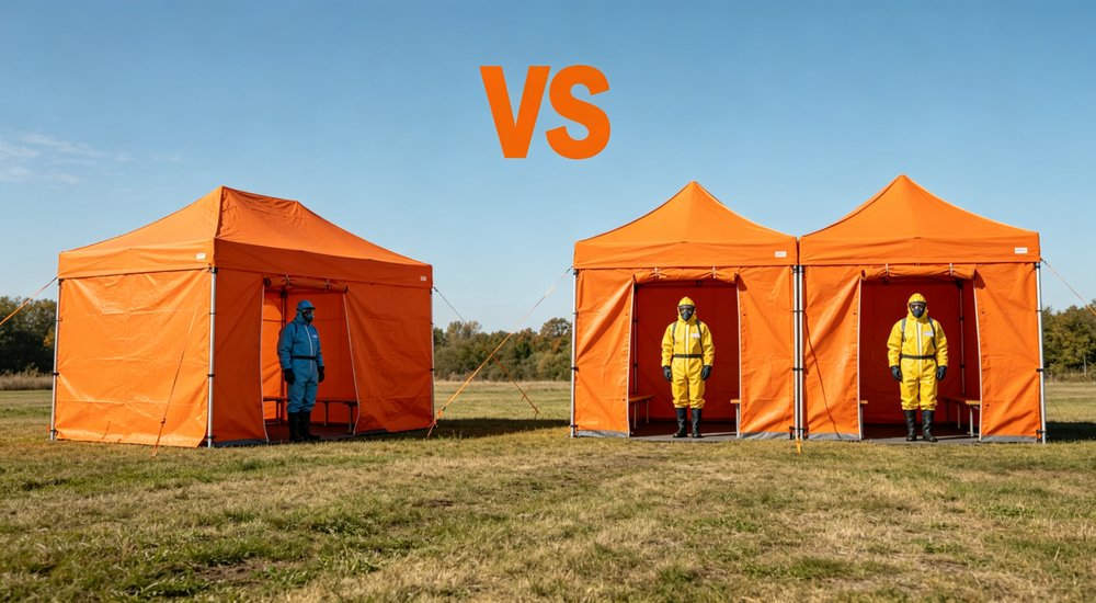 Single lane vs dual lane inflatable decon tent comparison, side by side, green grass, blue sky red and white inflatable emergency shelter for disaster relief operations Single lane vs dual lane inflatable decon tent comparison, side by side, green grass, blue sky red and white inflatable emergency shelter for disaster relief operations