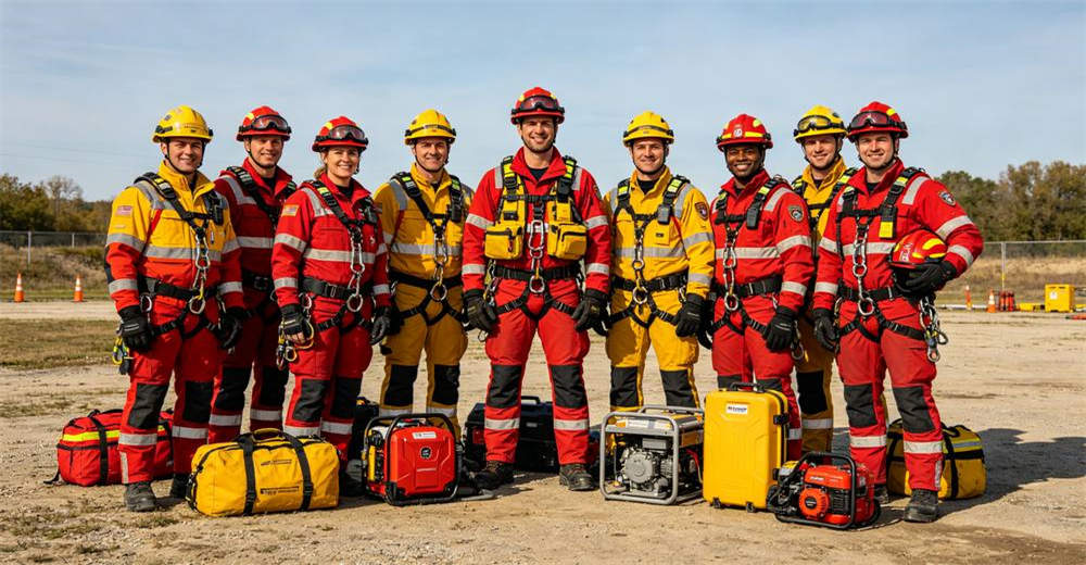 Team of eight rescue workers in red and yellow turnout gear with helmets and harnesses standing in formation with red and yellow equipment bags on ground