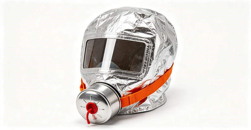 Real product photography of Chinese standard silver aluminum foil fire smoke escape hood with rectangular clear visor and round silver filter canister with red pull cord on white background