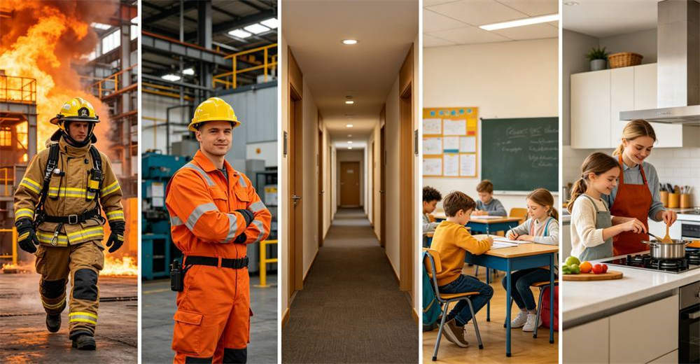 Five-panel horizontal collage showing different fire safety scenarios: firefighter in gear, factory worker, hotel fire safety corridor, elementary school classroom and family kitchen