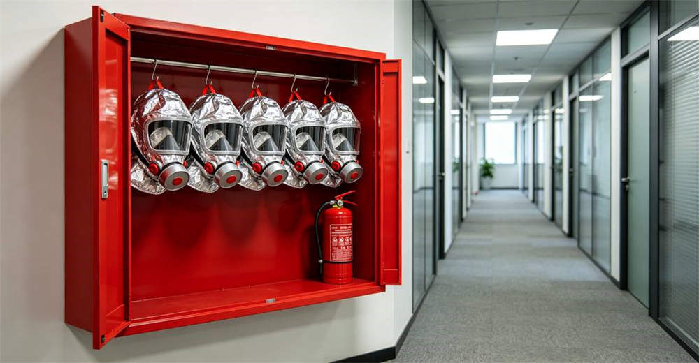 Open red wall-mounted fire emergency cabinet in modern office corridor showing multiple silver aluminum foil smoke hoods hanging on hooks and red ABC extinguisher on shelf