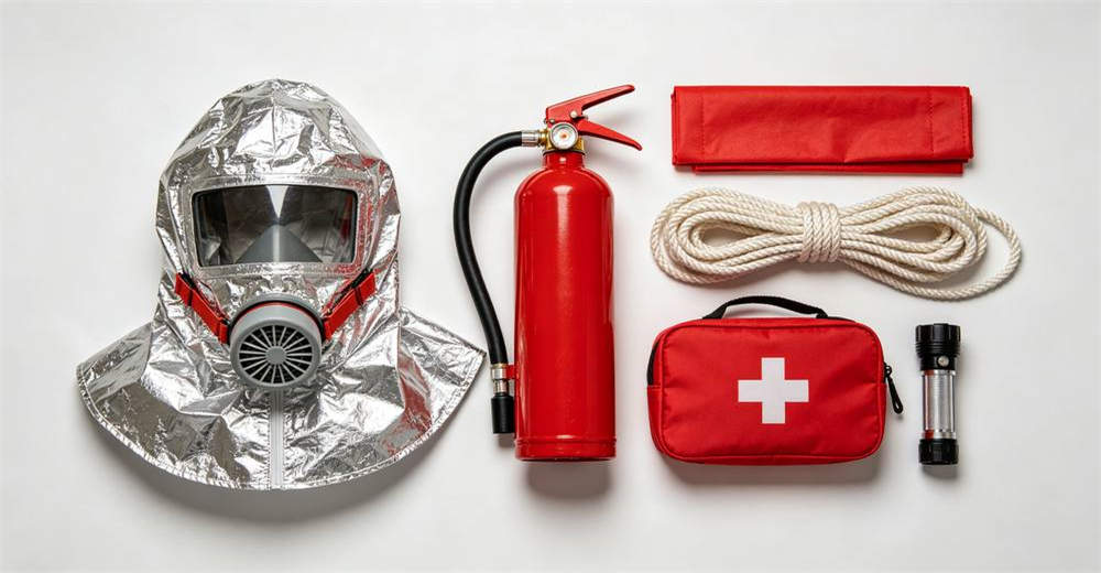 Top-down flat lay photography of complete fire emergency kit contents on clean white surface including silver foil smoke hood, red extinguisher, escape rope, fire blanket and first aid bag