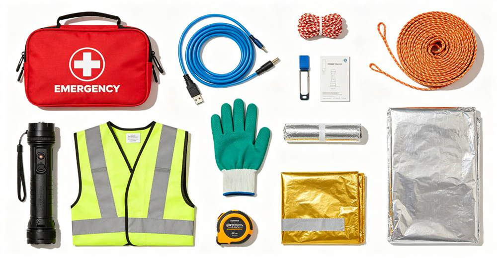Organized collage flat lay of related emergency safety products on white background including red first aid kit, black flashlight, yellow vest, gloves and silver blanket