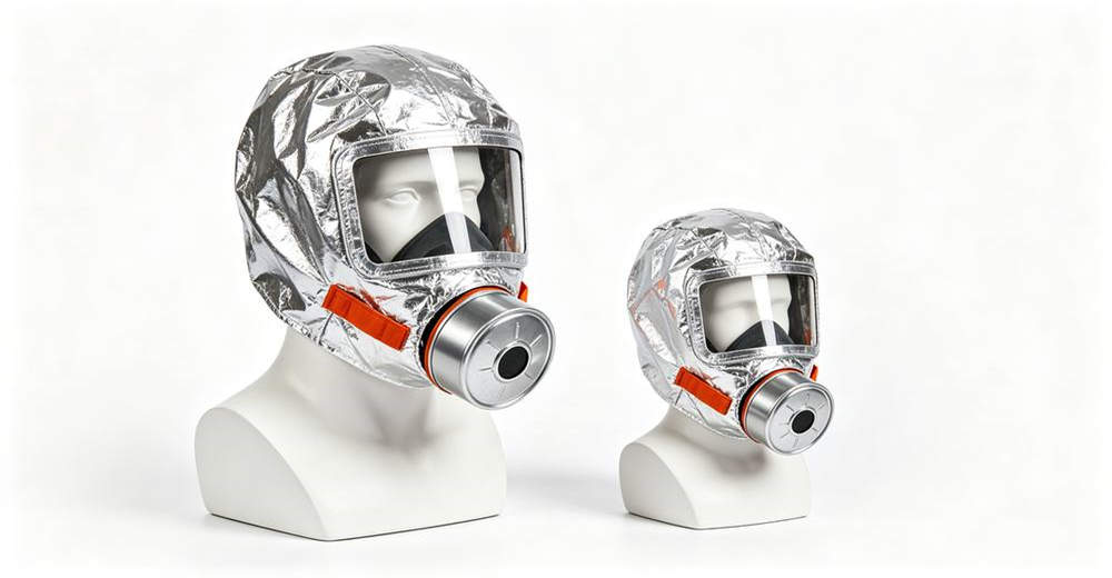 Side by side size comparison of adult large and child small silver aluminum foil smoke escape hoods displayed on white mannequin heads against clean studio background