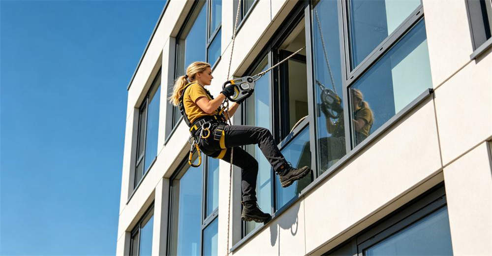 Caucasian adult woman using mechanical rescue escape rope descender device while exiting from window of modern multi-story building with clear blue sky