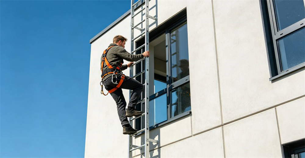 Caucasian adult climbing down metal escape ladder from second floor window of modern building wearing safety harness with clear blue sky background