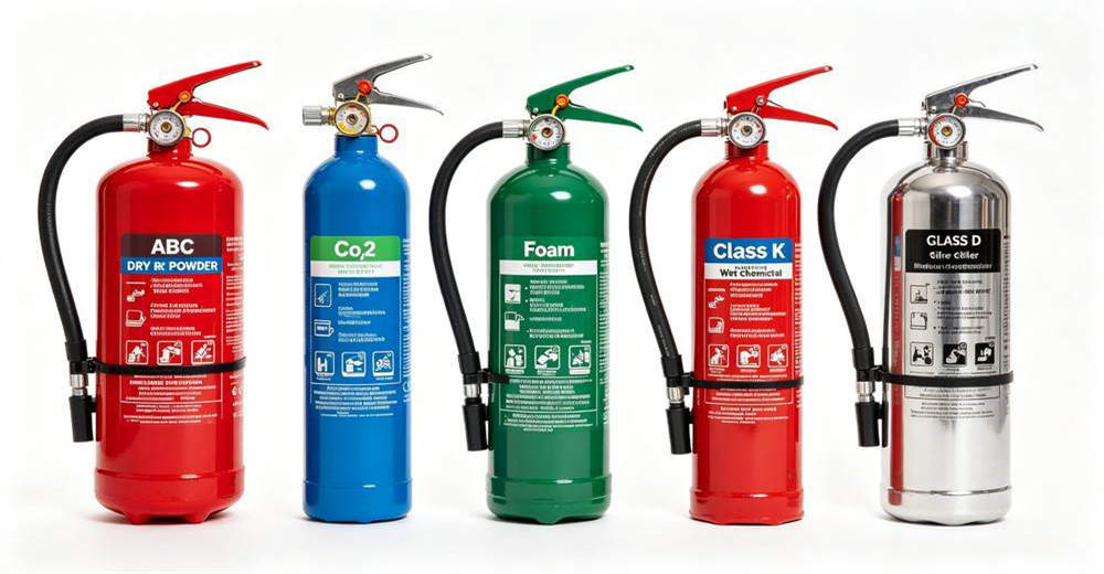 Five different types of fire extinguishers in red, blue, green, and silver colors arranged in straight row on clean white background