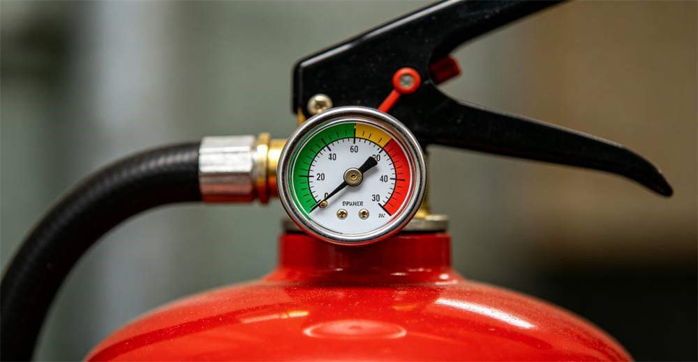 Close-up macro shot of red fire extinguisher pressure gauge needle resting in green ready zone with black rubber hose and brass valve visible