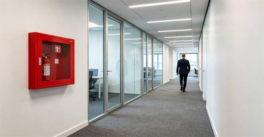 Red ABC dry powder fire extinguisher mounted on stainless steel commercial kitchen wall with folded white fire blanket in red wall case beside it