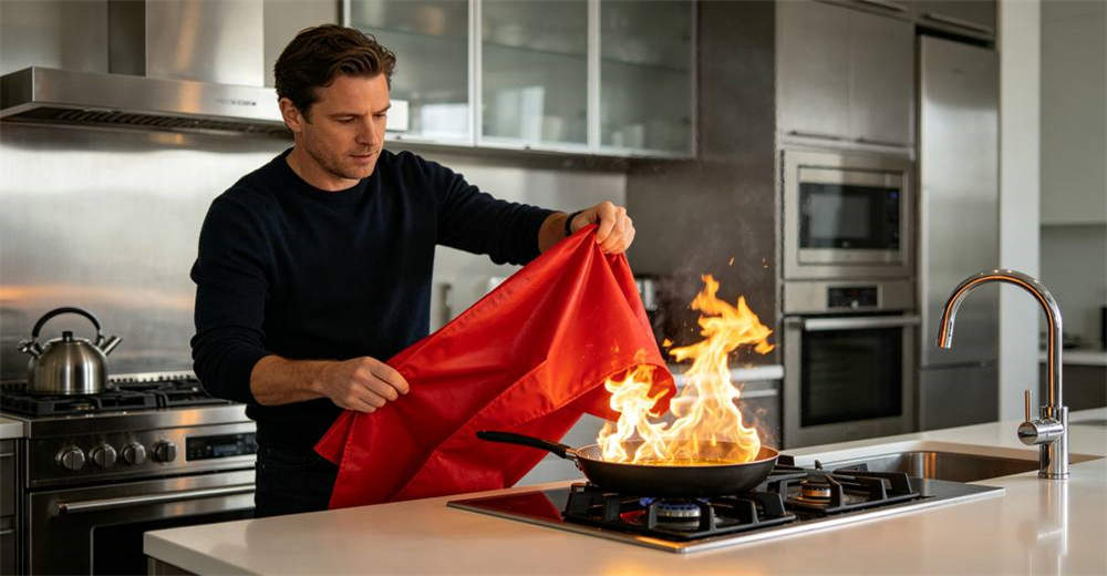 Caucasian adult using red fire blanket to extinguish cooking oil pan fire in modern kitchen by draping blanket over flames in dramatic action shot