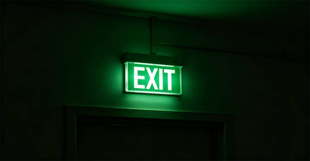 Bright green illuminated battery-powered emergency exit light sign with white running man pictogram mounted on wall in dark office hallway