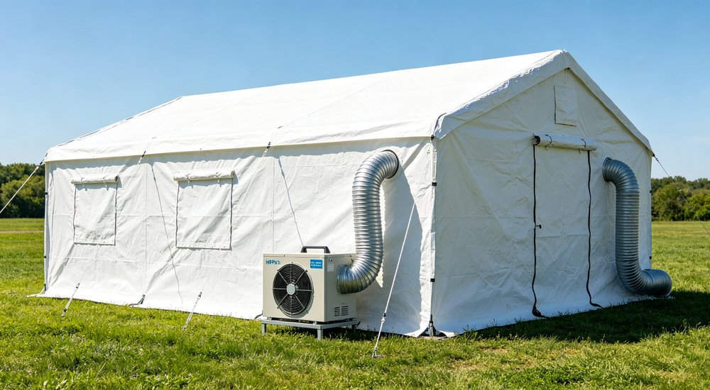 Exterior view of negative pressure inflatable isolation tent with ventilation system, red and white, green grass red and white inflatable emergency shelter for disaster relief operations