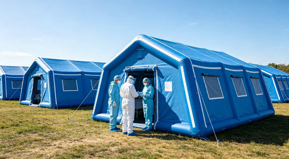 Isolation camp with rows of red and white inflatable isolation tents, green grass, blue sky, medical workers red and white inflatable emergency shelter for disaster relief operations