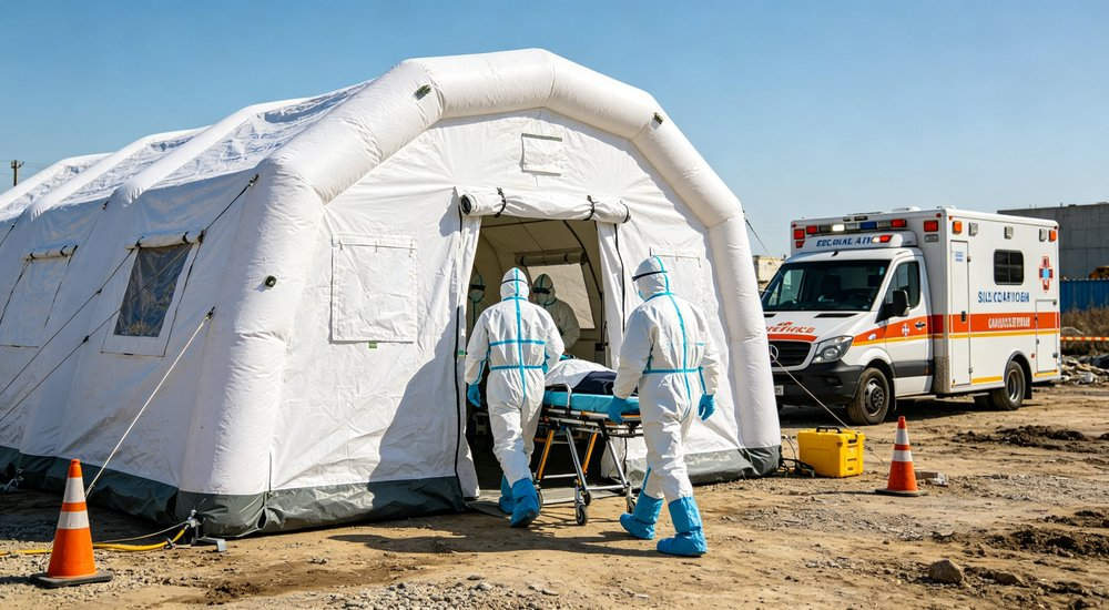 Deployment of inflatable isolation tent by medical workers, quick setup, green grass, blue sky red and white inflatable emergency shelter for disaster relief operations