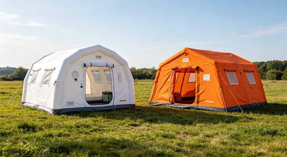 Comparison table of isolation tent vs emergency tent specifications, product comparison layout red and white inflatable emergency shelter for disaster relief operations
