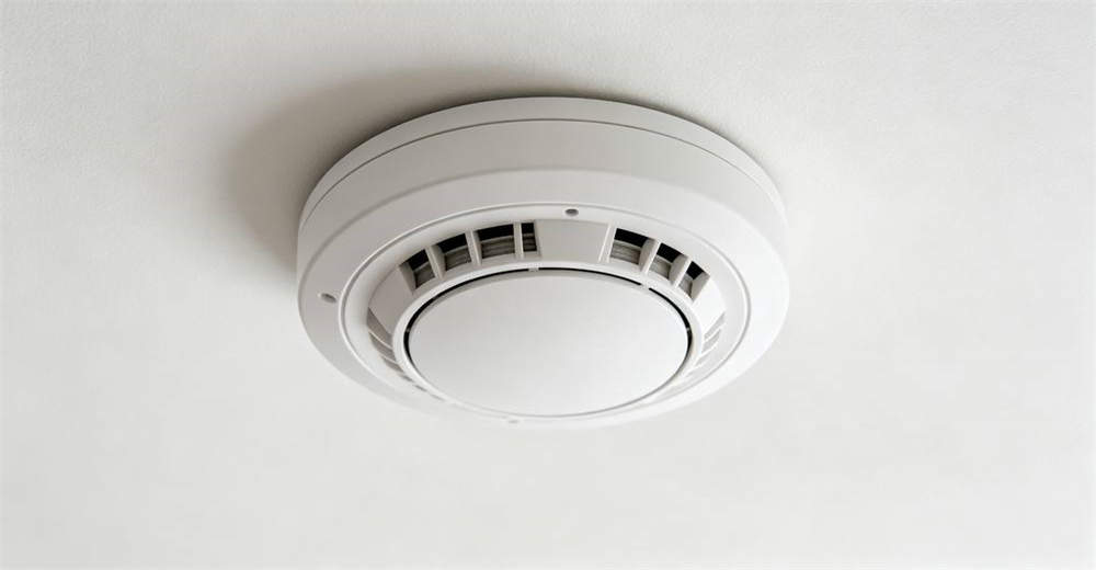 White circular photoelectric smoke detector mounted flush on white office ceiling close-up showing black vent slats around outer plastic ring