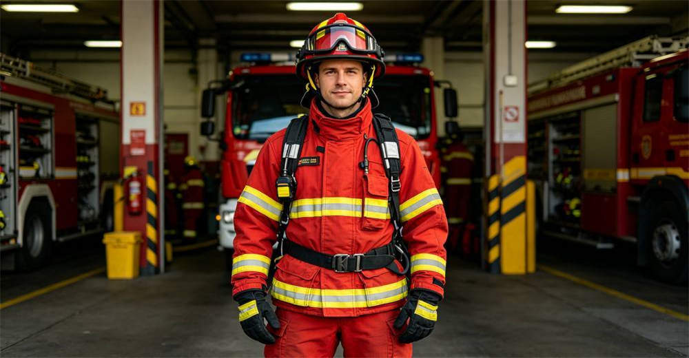Professional Caucasian male firefighter wearing full red structural turnout gear with yellow reflective strips and black helmet standing in front of fire truck Professional Caucasian male firefighter wearing full red structural turnout gear with yellow reflective strips and black helmet standing in front of fire truck