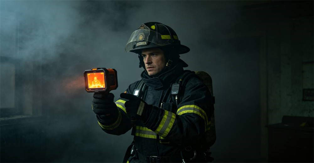 Caucasian firefighter wearing SCBA gear holding orange thermal imaging camera with glowing heat signature screen while searching through dark smoke