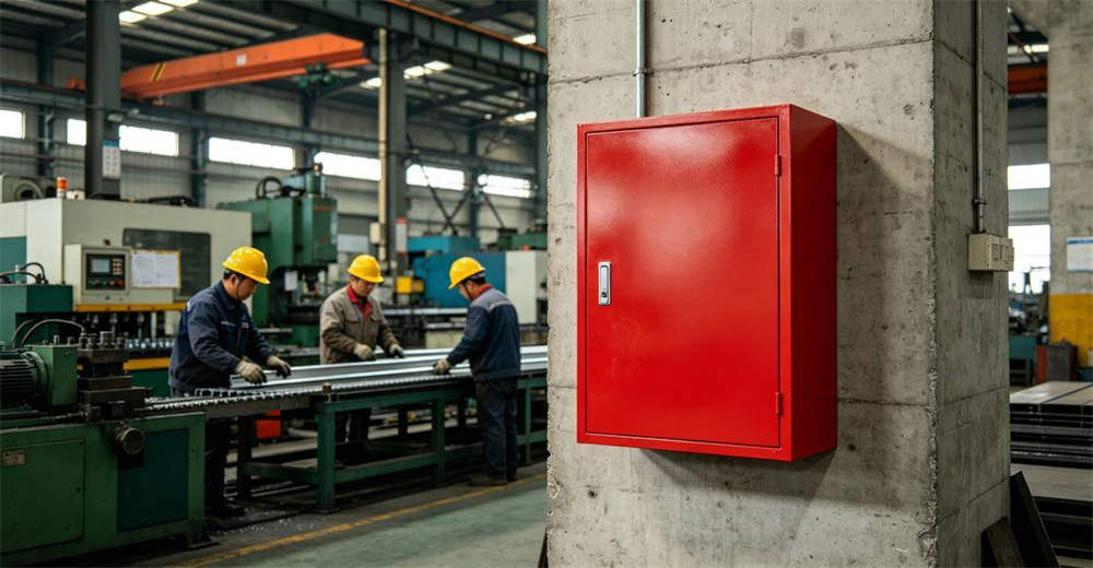 Industrial manufacturing factory interior with red wall-mounted fire cabinet bolted to concrete pillar and Chinese workers in yellow hard hats operating machinery