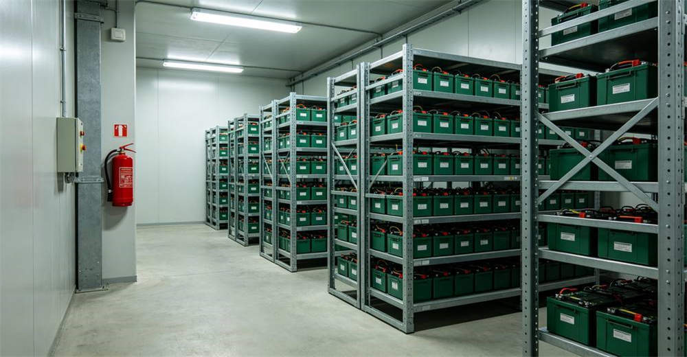 Clean organized lithium-ion battery storage room with tall metal racks holding green battery packs in rows and red fire extinguisher on wall