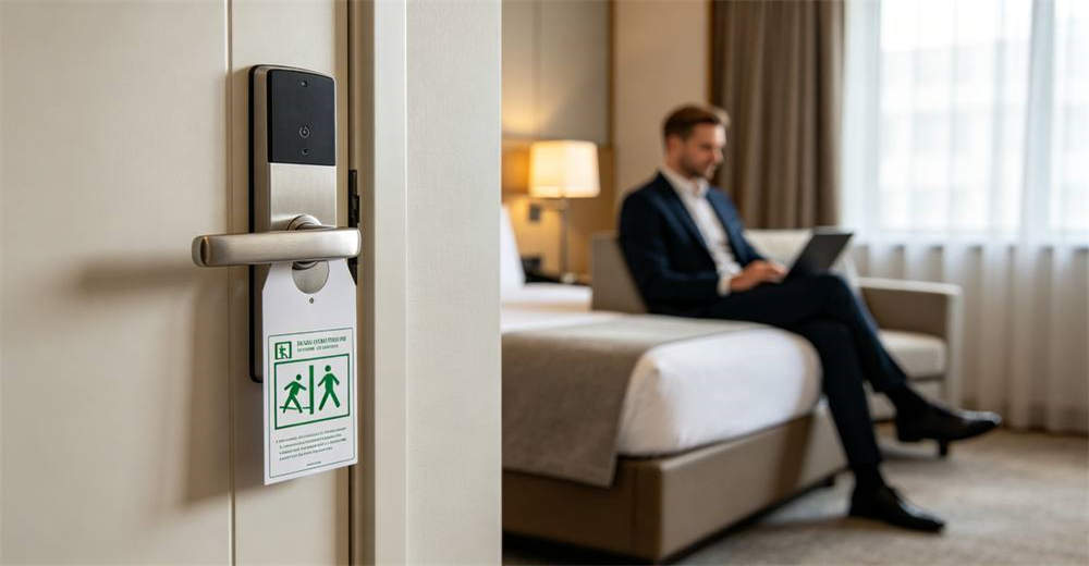 Modern hotel room entry door with green evacuation instruction card hanging on lever handle and Caucasian businessman sitting on bed reading