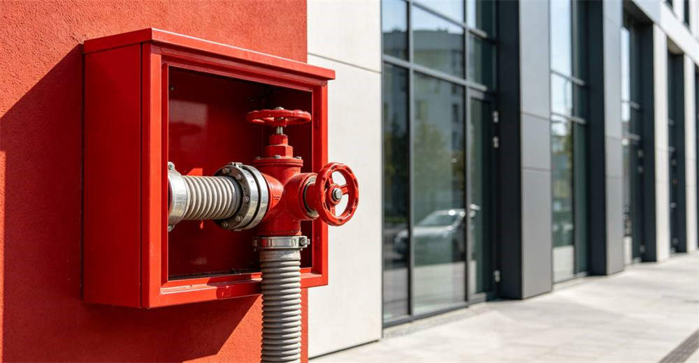 Red wall-mounted fire hydrant connection cabinet on modern glass building exterior showing brass valve and yellow hose connection with silver flexible pipe