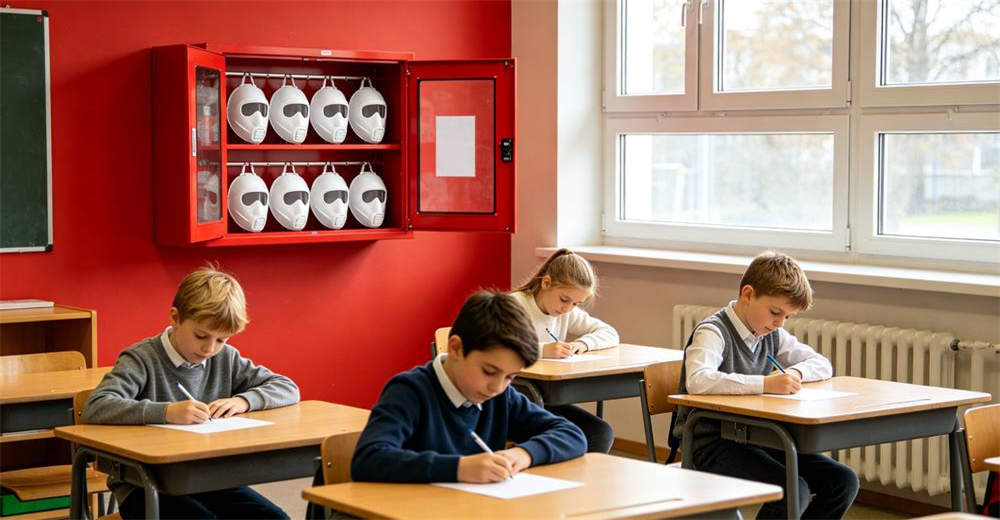 Bright elementary school classroom with red wall-mounted fire cabinet open showing silver foil smoke hood products and Caucasian school children at desks
