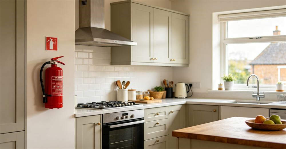 Modern bright residential kitchen with red fire extinguisher mounted on cream colored wall near stainless steel stove under white range hood