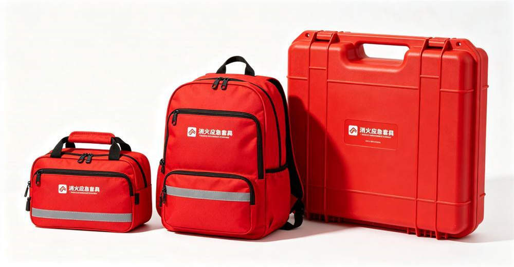 Two Chinese warehouse workers in yellow hard hats and reflective vests packing red fire emergency kits into cardboard shipping boxes on industrial shelving