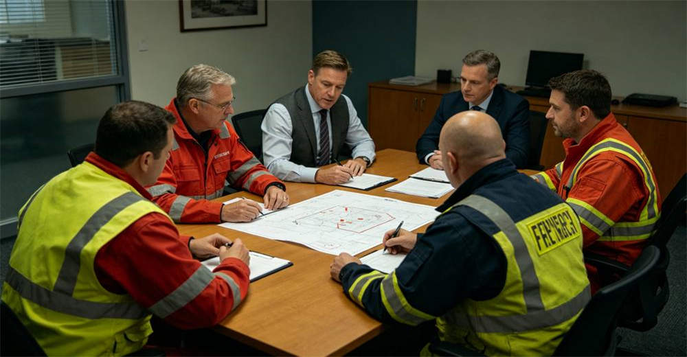 Caucasian male buyer in navy suit reviewing fire safety equipment catalog on laptop screen in modern bright office with red extinguisher on desk