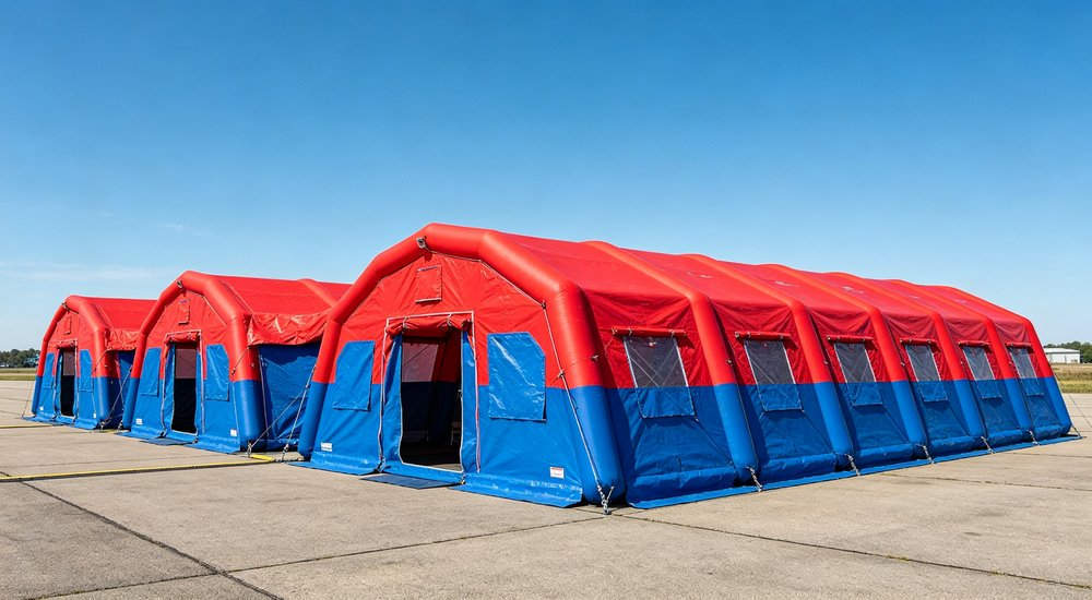 Aerial view of modular field hospital with connected inflatable tent modules, red and white, green grass, blue sky red and white inflatable emergency shelter for disaster relief operations