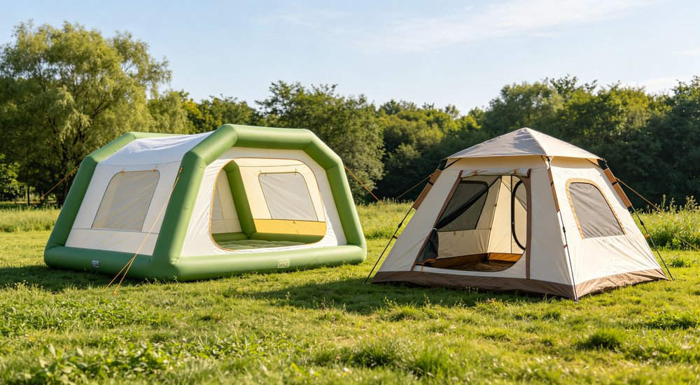 Comparison table of modular vs standalone inflatable tent specifications, product comparison layout red and white inflatable emergency shelter for disaster relief operations