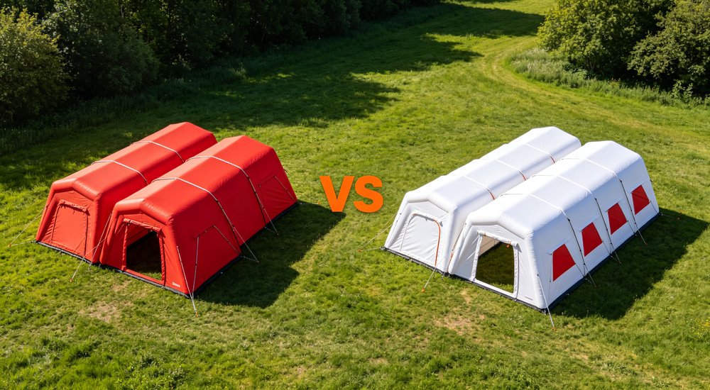 2 module vs 5 module inflatable tent system comparison showing expansion capability, green grass red and white inflatable emergency shelter for disaster relief operations