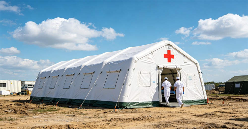 Medical emergency inflatable tent deployed in disaster relief site with red cross symbol and medical staff