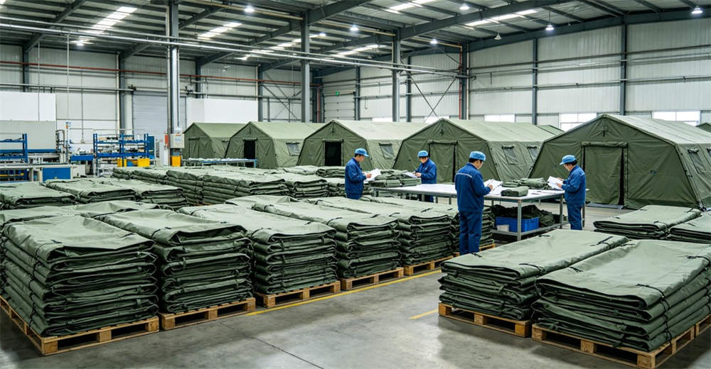 Factory warehouse with medical tent products and workers performing quality inspection
