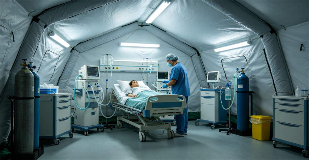 Interior of medical inflatable tent with medical staff, equipment and emergency treatment facility Interior of medical inflatable tent with medical staff, equipment and emergency treatment facility