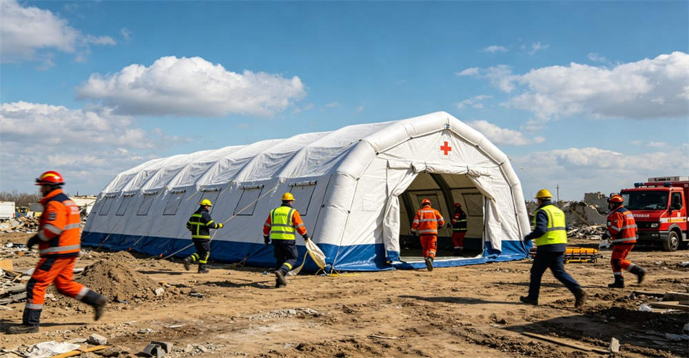 Medical emergency tent deployment in action with rescue team quickly setting up in disaster zone