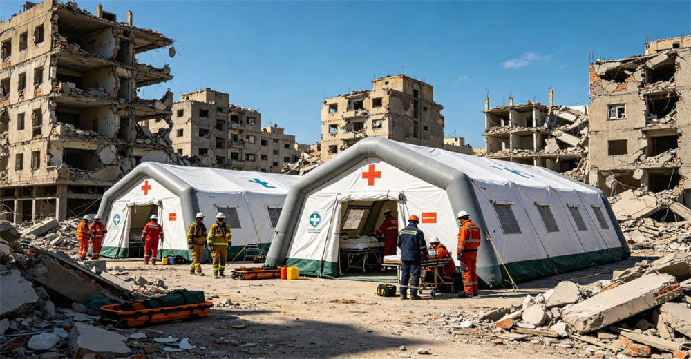 Earthquake disaster zone with medical inflatable tents urgently deployed and rescue workers