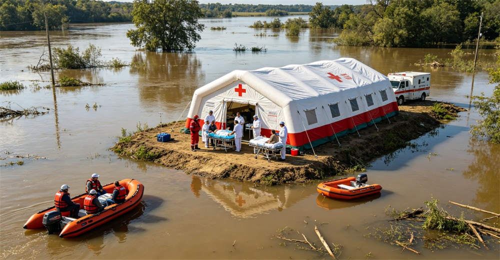 Flood disaster relief scene with medical tents on elevated ground and victims receiving treatment