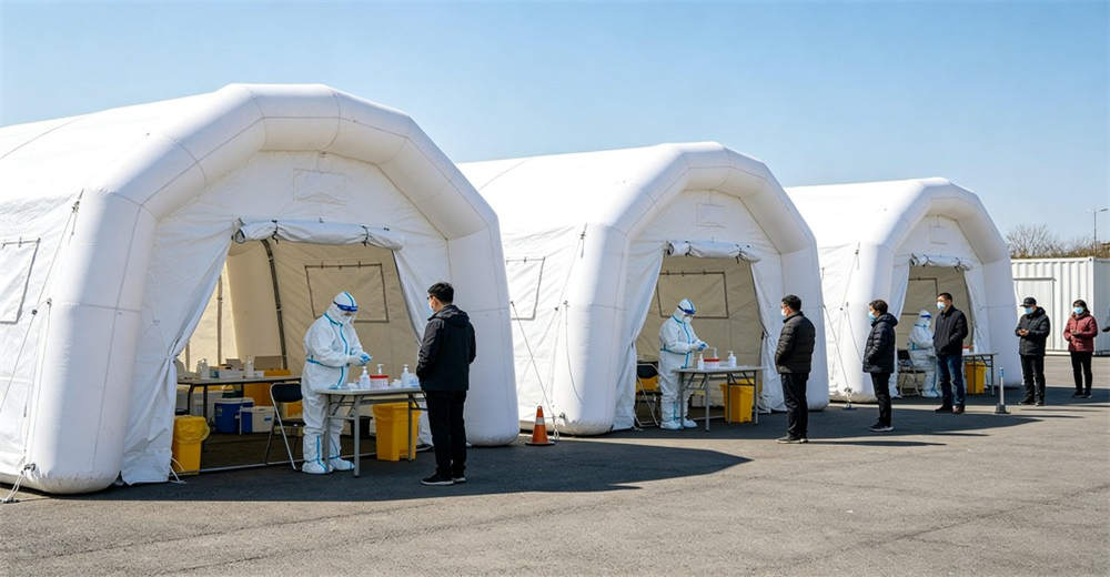 Pandemic prevention site with white medical tents as testing stations and healthcare workers