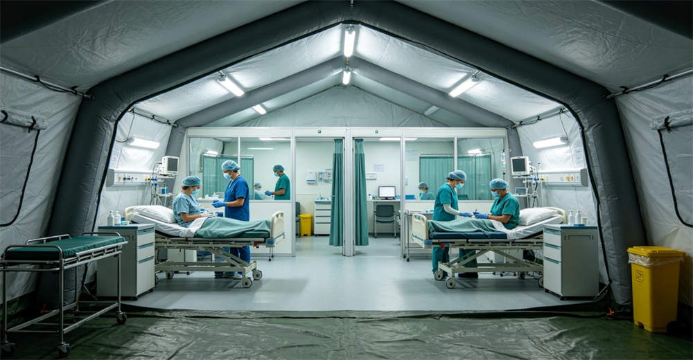 50 square meter medium medical tent with treatment and observation areas and medical staff