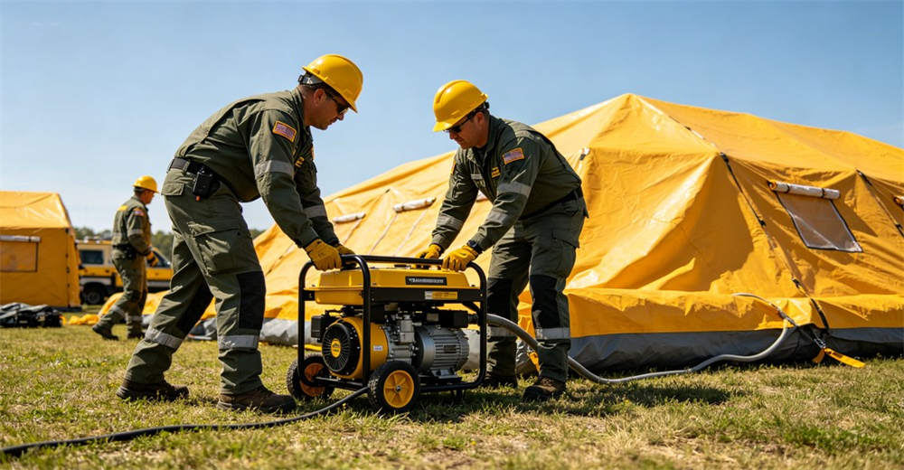 Workers using electric air pump to quickly inflate medical emergency tent in minutes