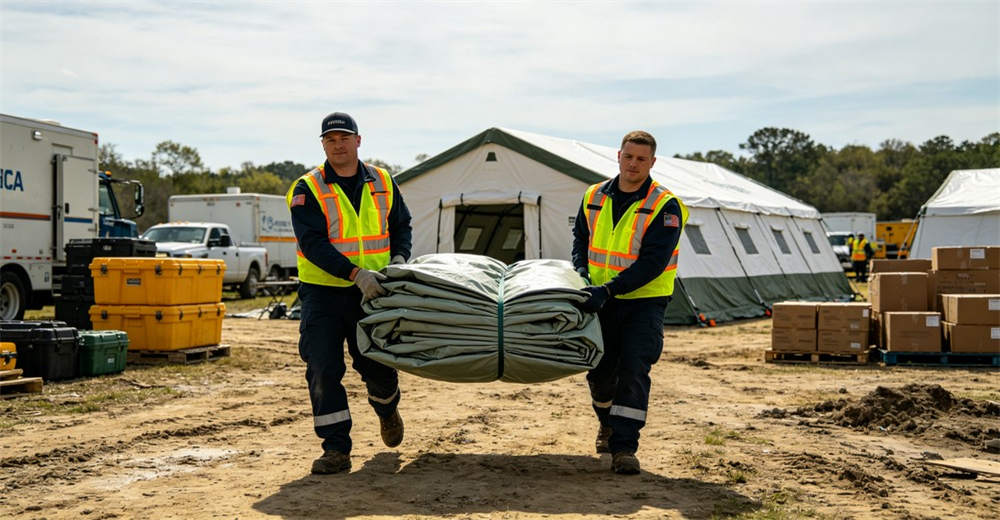 Emergency response team carrying folded medical tent to deployment site in safety vests